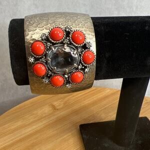 Vintage Gerard Yosca Cuff Bracelet Jeweled Flower Hammered Brass